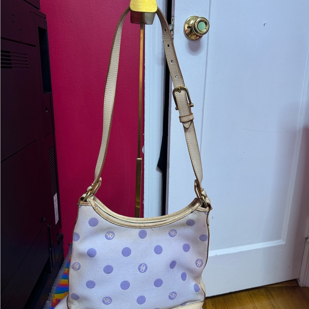 Dooney & Bourke Tan and Lavender Polka Dot Shoulder Bag